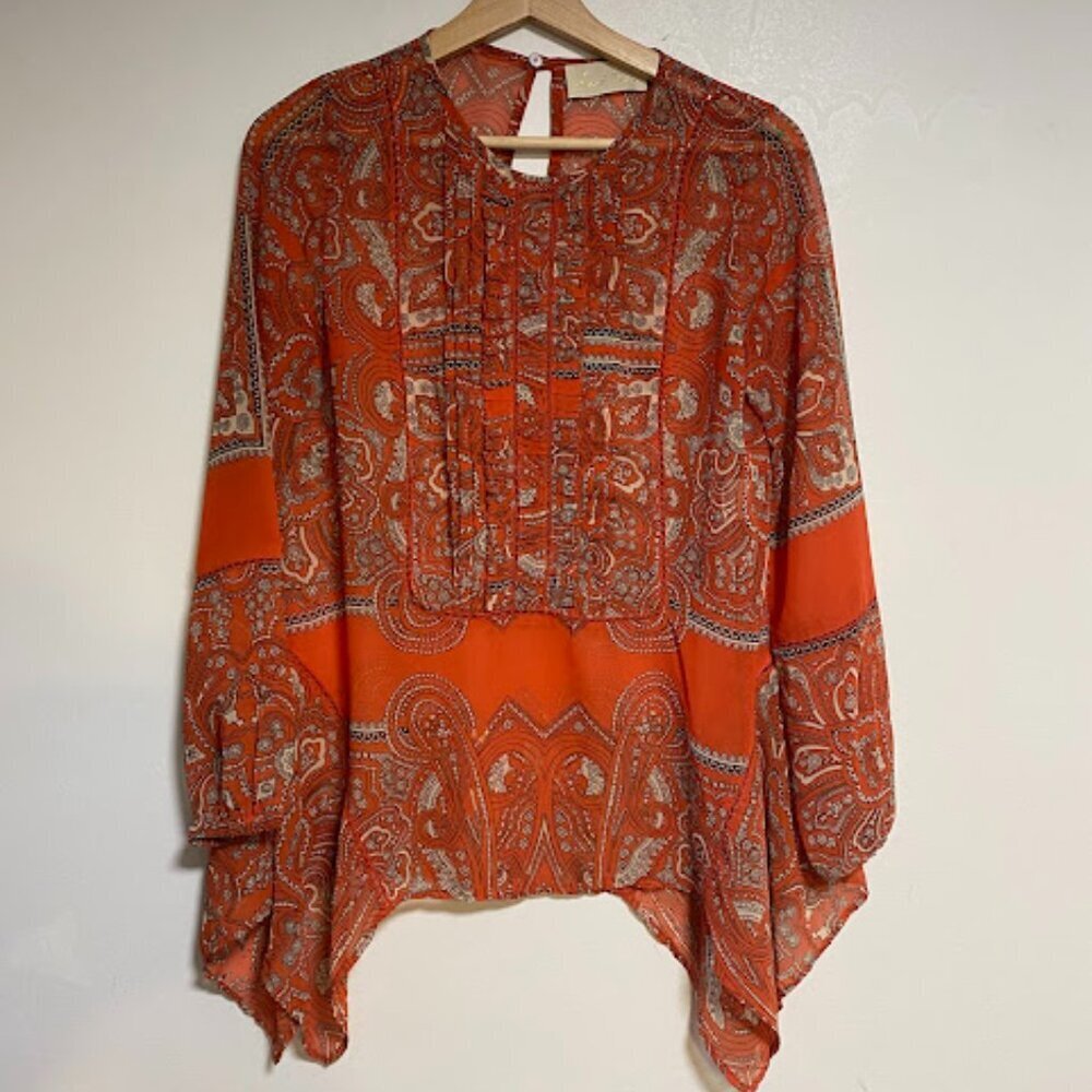 Love Sam Orange Paisley Boho Silk Chiffon Blouse Size XS - Picture 2 of 11